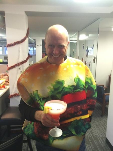 Clark in his hamburger costume. 