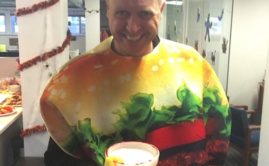 Clark in his hamburger costume. 